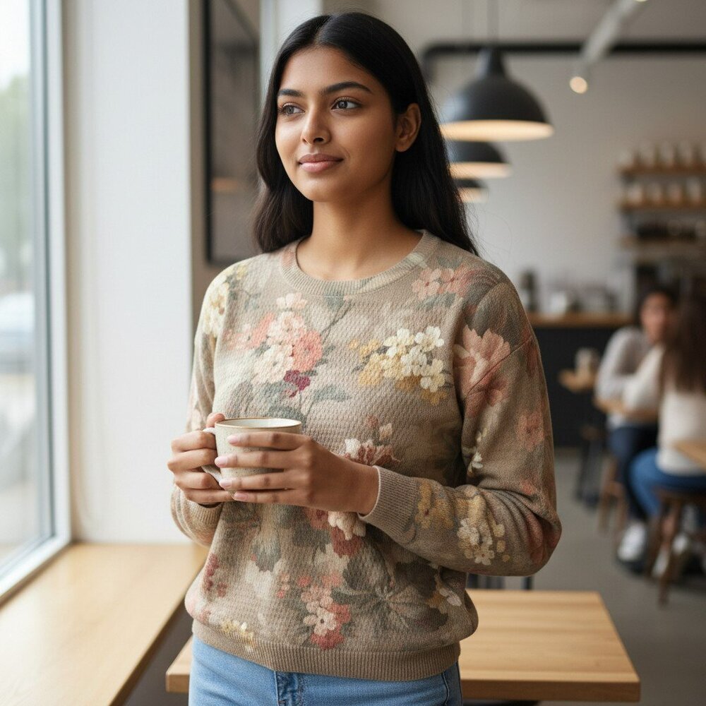 Mardel Handcrafted Womens Small Beige Floral Round Neck Sequin Sweater Size S